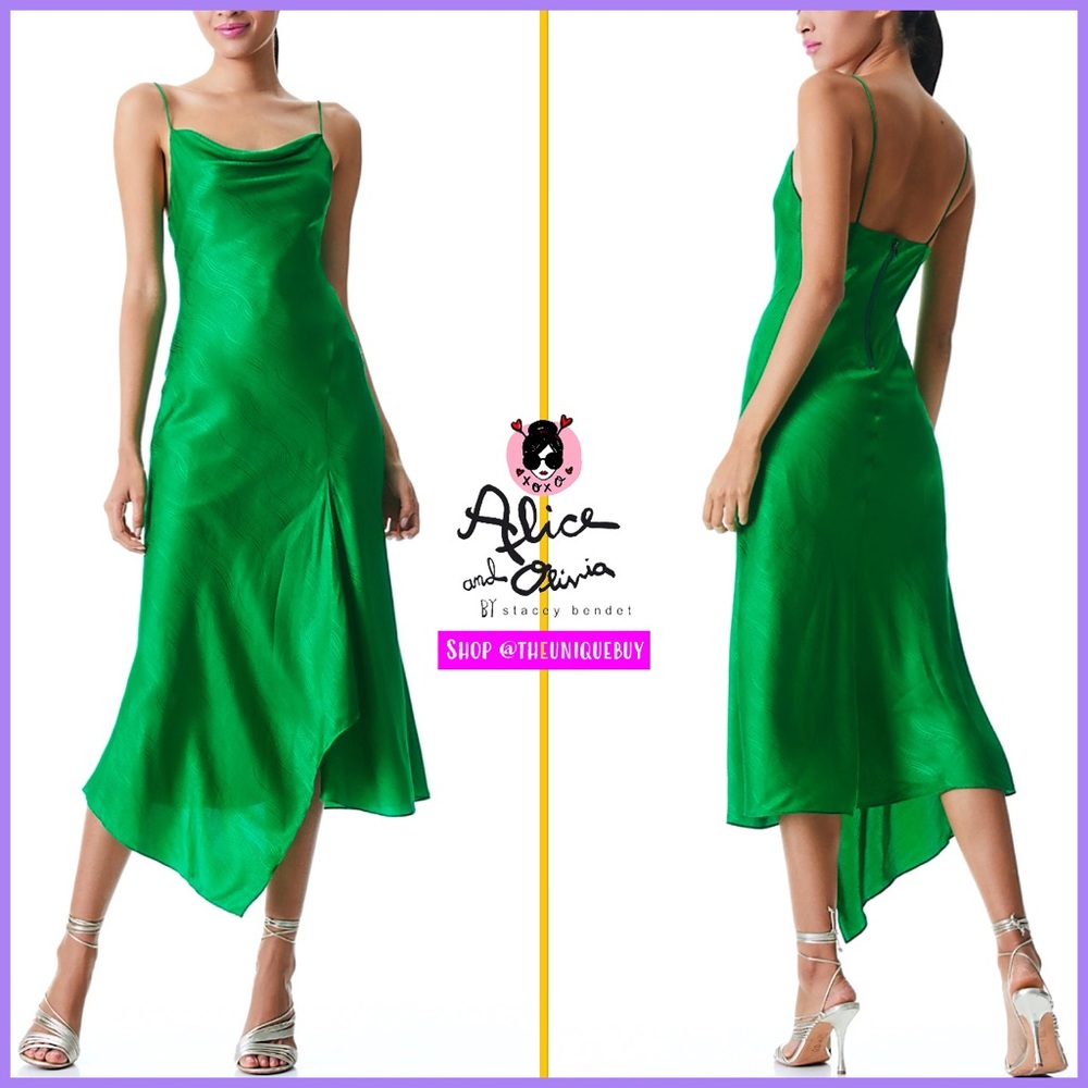 Alice + Olivia Harmony Emerald Green Drapey Satin Slip Midi Dress